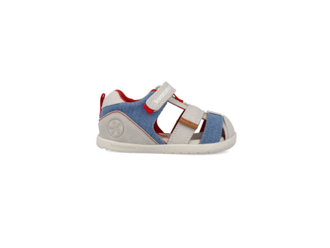 sandalia lona beige y azul biomecanics